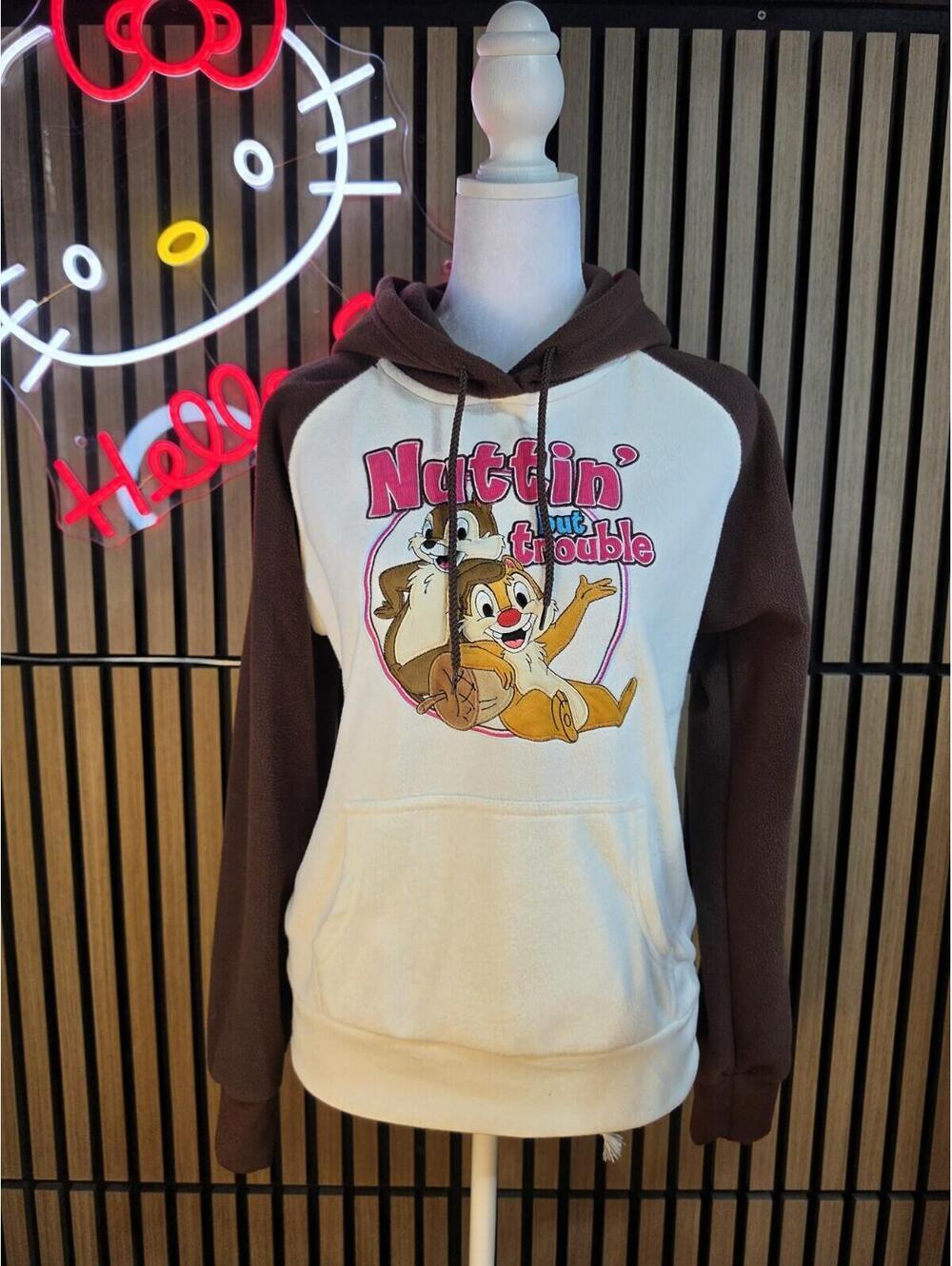 Disney Chip & Dale Brown/White Graphic Embroidered Fleece Hoodie w Pockets L